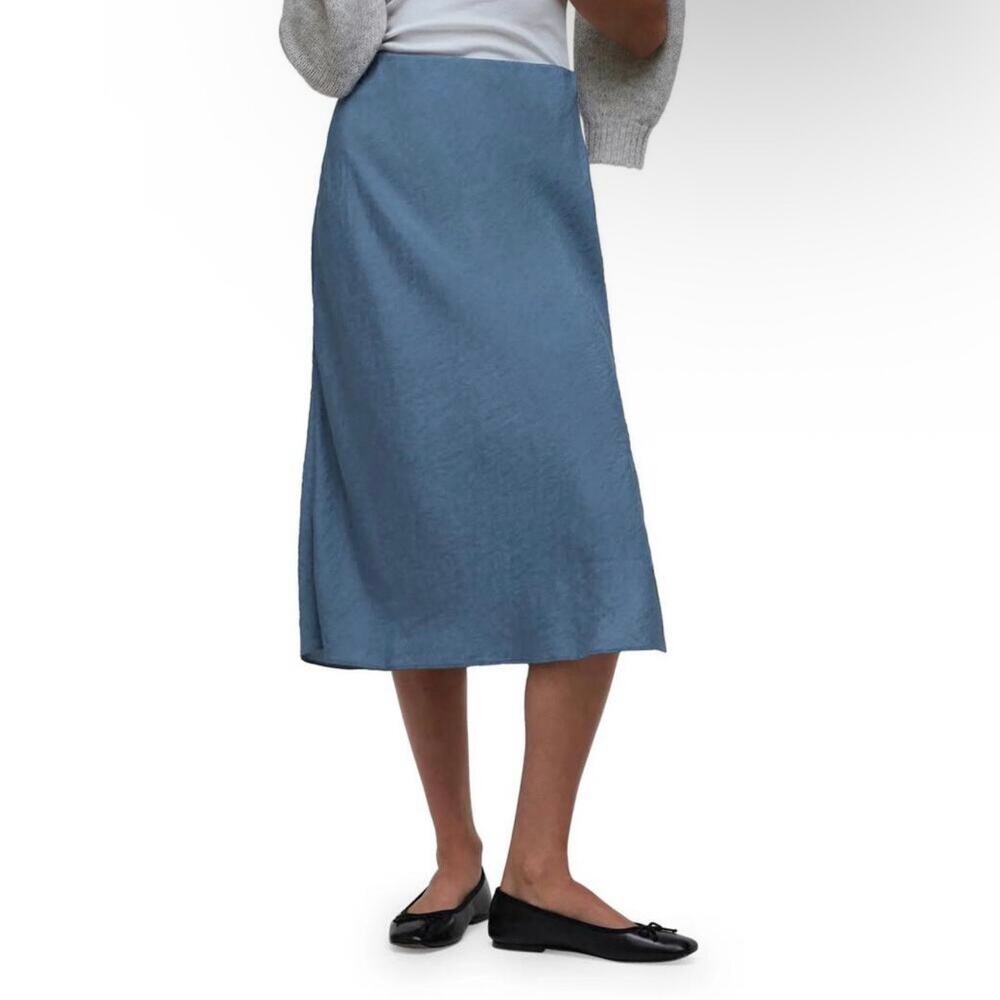 Madewell Crinkled Satin Side Slit Midi Slip Skirt Women's 10 Blue